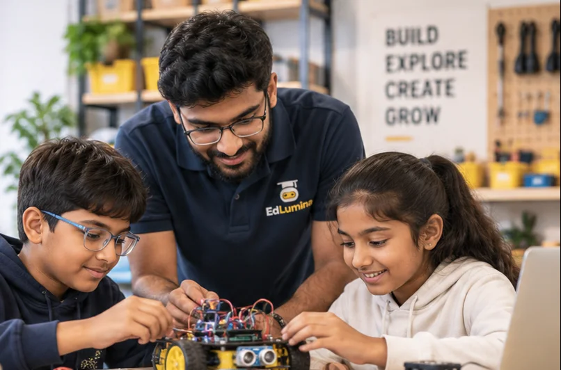 Trainer helping two students with a robot
