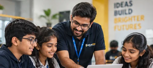 Trainer and students around a laptop