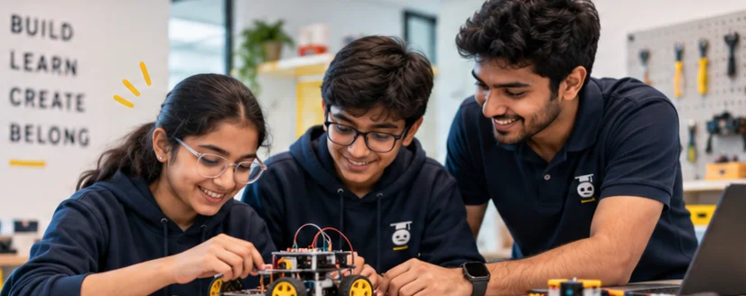 Students and a trainer building a robot together