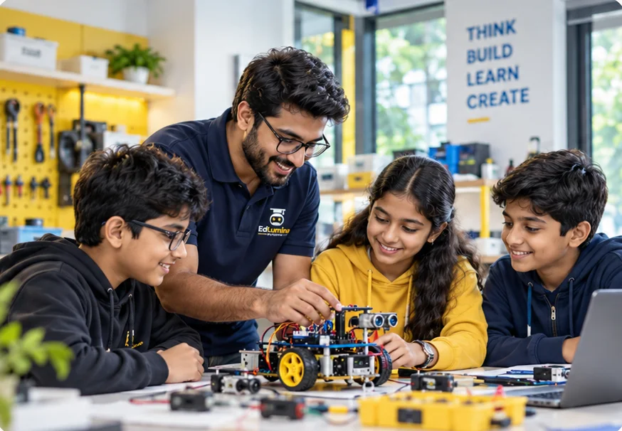 Trainer guiding students as they wire a robot