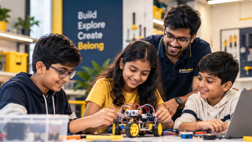 Students and a trainer smiling over a robot build