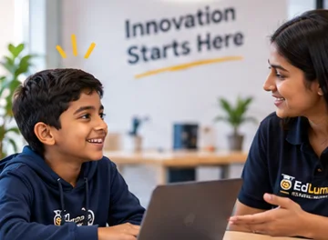 A child and an Edlumina coordinator at a demo class