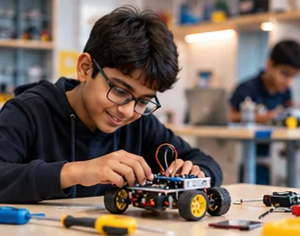 Student building a robot car