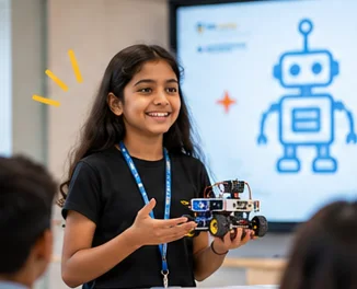 Student presenting her robot